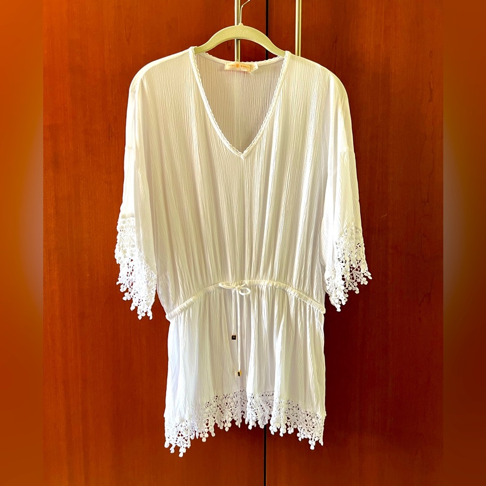 Tory Burch Treville Caftan Crochet Trim Mini Swim Cover Up in White size S/P